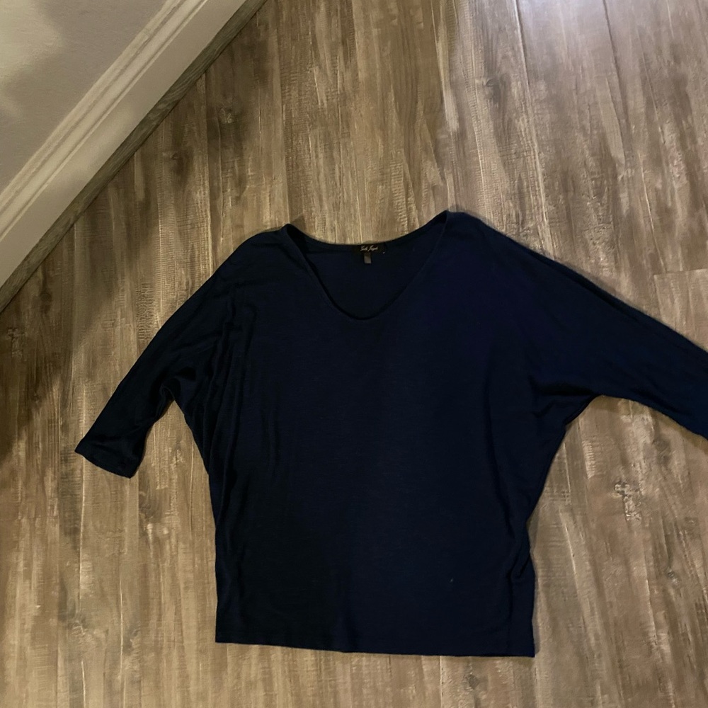 Dark blue knit top scoop, neck, slouched arms